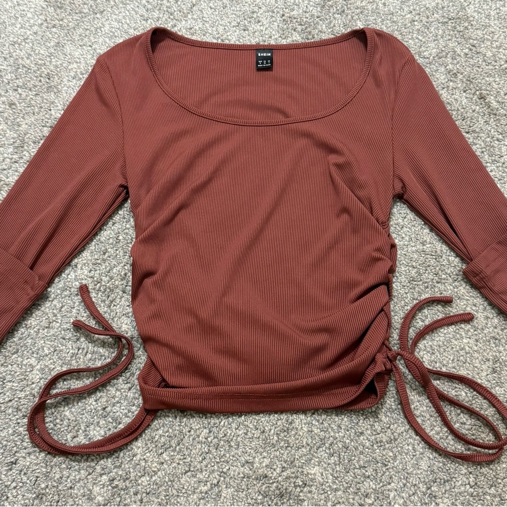 SHEIN Brown Ruched 3/4 Sleeve Bodysuit